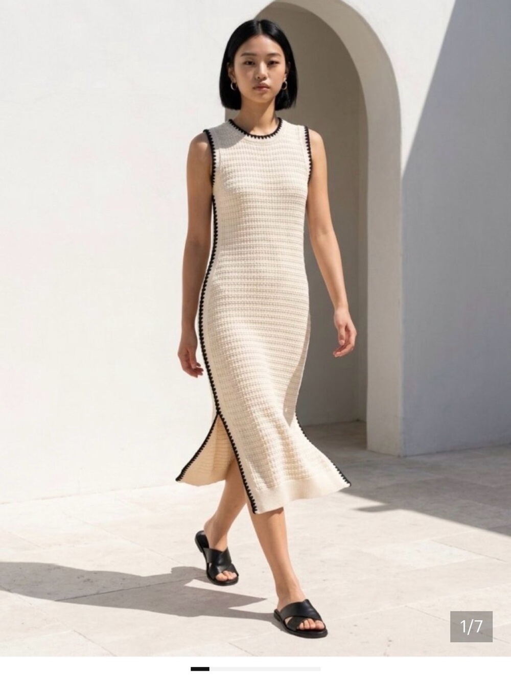 Varley Sleeveless Cream Knit Midi Dress with Black Trim